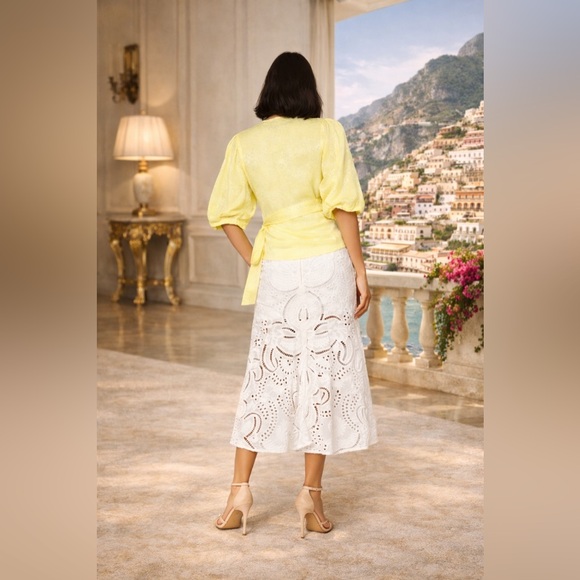 Krisa x RTR Yellow Satin Wrap Top Puff Sleeve Blouse Medium Resort Wedding Guest - Picture 2 of 4